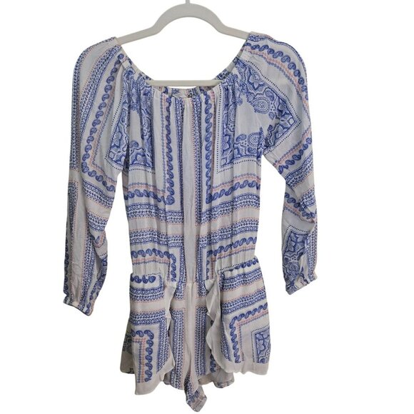 Lovers + Friends Carmella Romper Off Shoulder Balloon Sleeve Bella Scarf Size XS - Picture 2 of 12